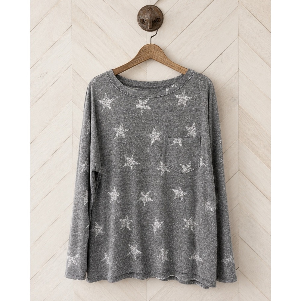 Rae Mode Long Sleeve Star Print Pocket‎ Tee Gray 1XL